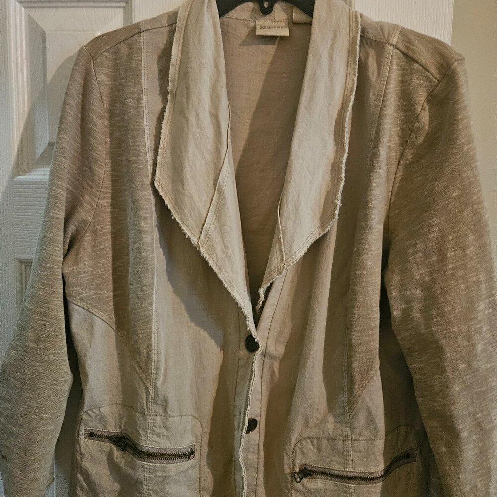 Zenergy Chico's Oatmeal stretch Minamalist Beige 3/4 Sleeve cotton crop Jacket L - Picture 3 of 7